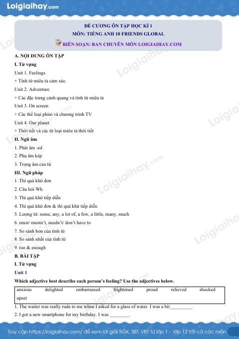 Đề cương ôn tập HK1 tiếng Anh 10 friends global có đáp án